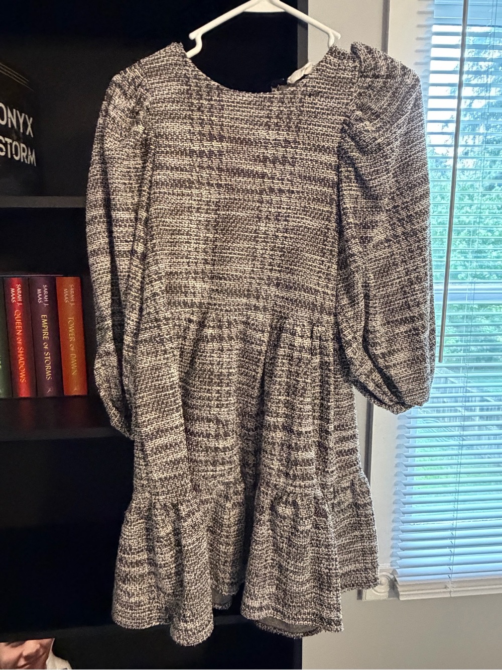 Mango Black and White Textured Tiered Long Sleeve Dress